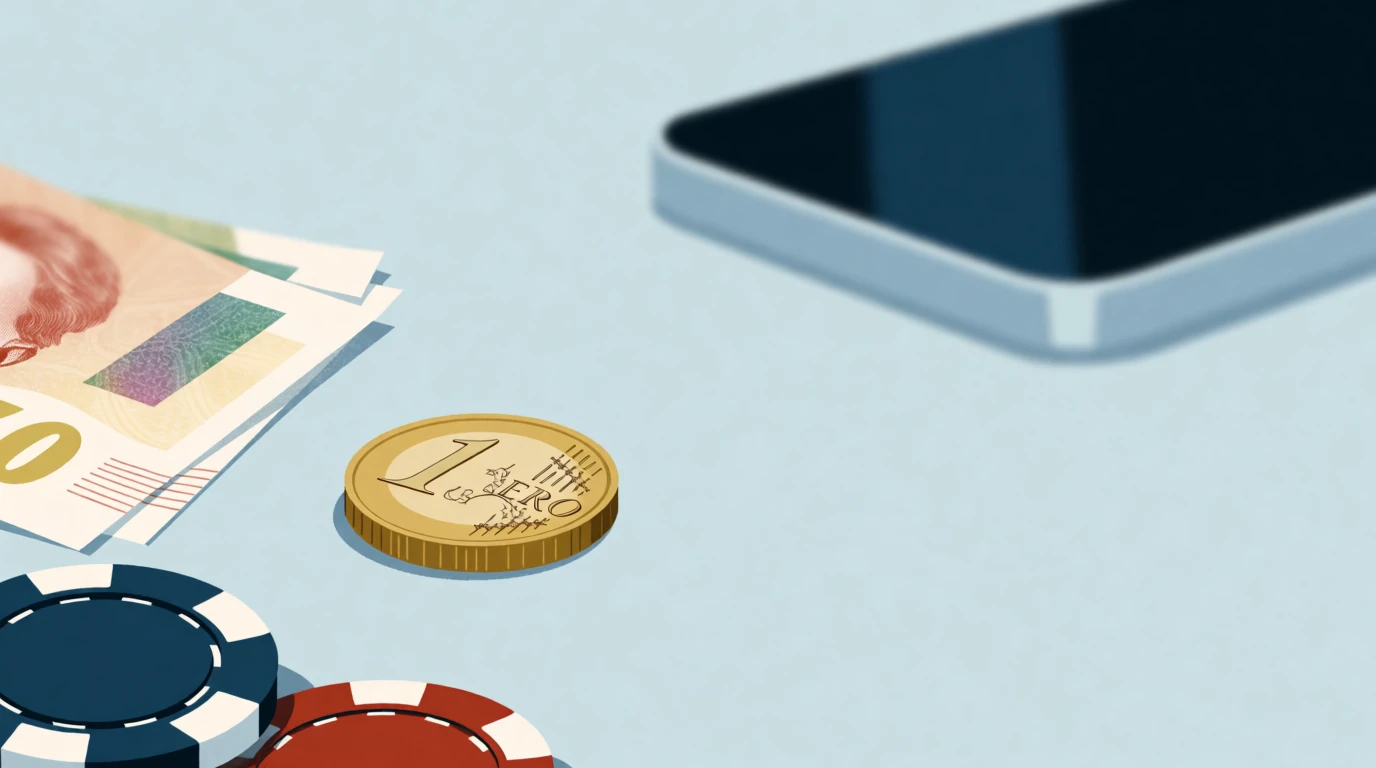 Tio euro mynt och svenska kronor på casinobord med marker