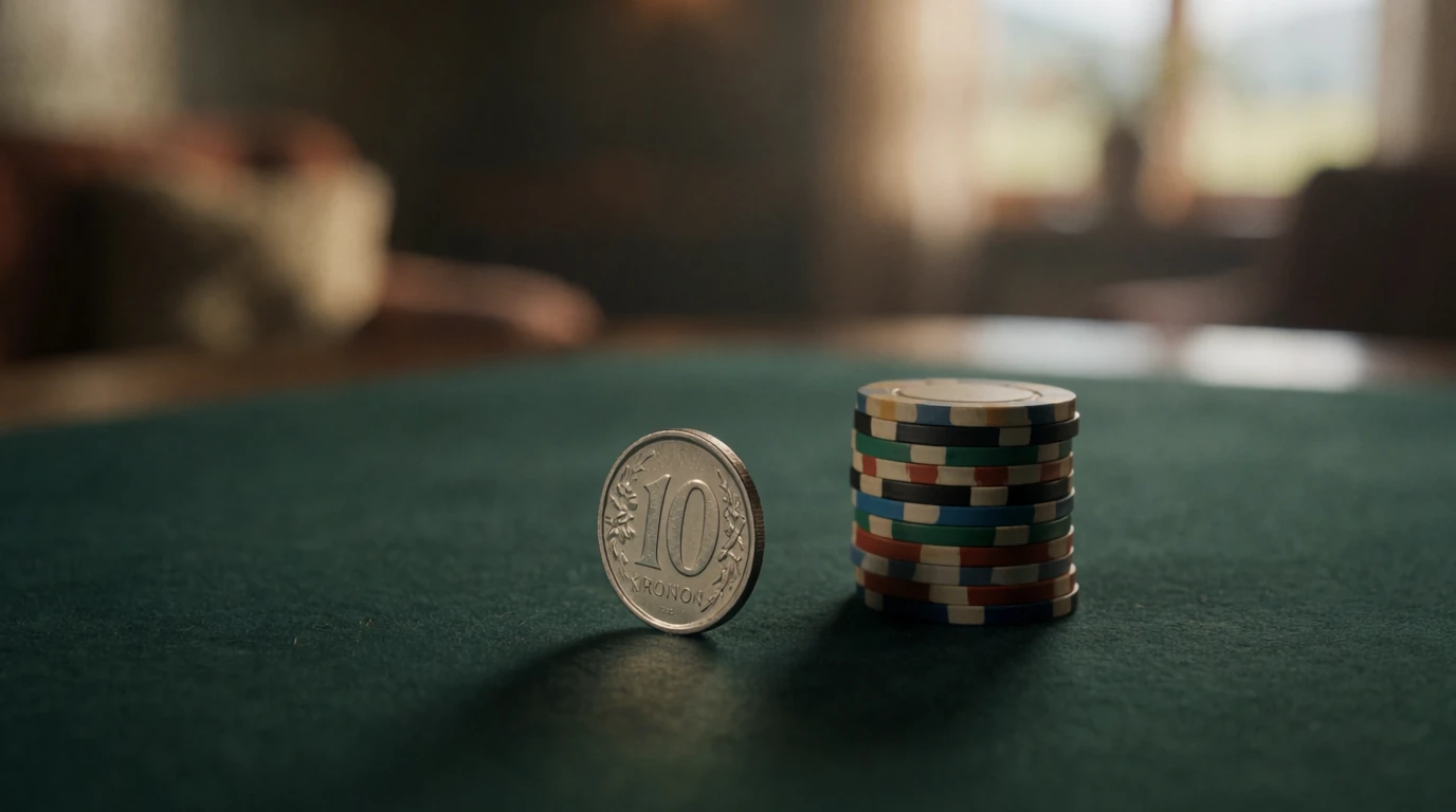 Svenskt tiokronorsmynt vid en liten stack casinomarker på filtbord