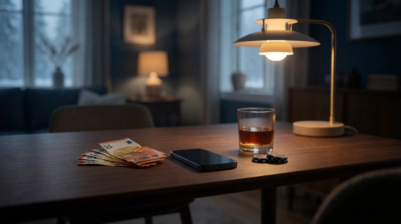 Eurosedlar, casinofärgar och en mobiltelefon på ett mörkt skandinaviskt bord