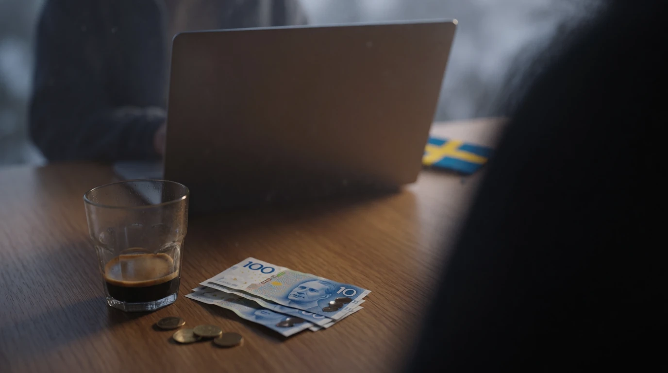 Svenska sedlar och mynt på ett träbord vid en stängd laptop