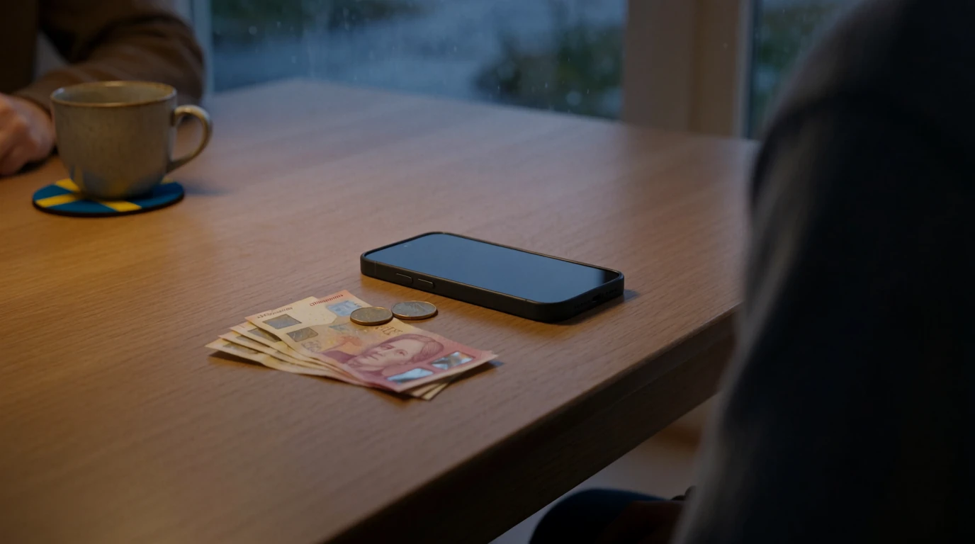 Svensk kronor sedlar vid smartphone på bord