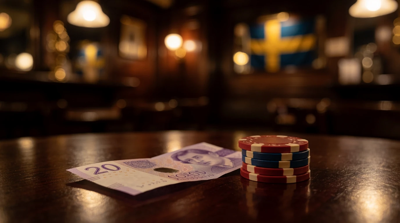 En svensk tjugo-kronorssedel bredvid casinomarker på ett träbord