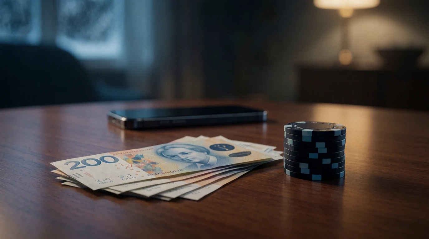 Svensk 200-kronorssedel bredvid casinomarker på mörkt bord