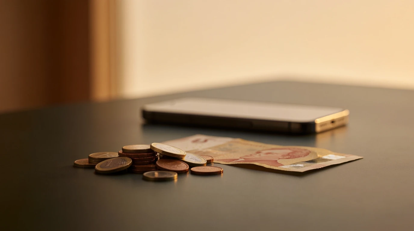 Mynt och sedlar på ett bord med en mobiltelefon, svensk casinobonus 2026