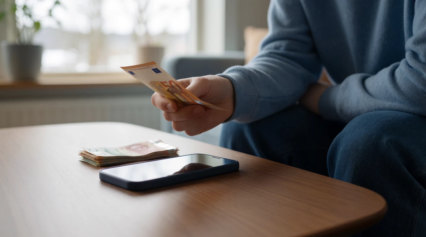 Hand med 50 euro sedel och svenska kronor vid en smartphone