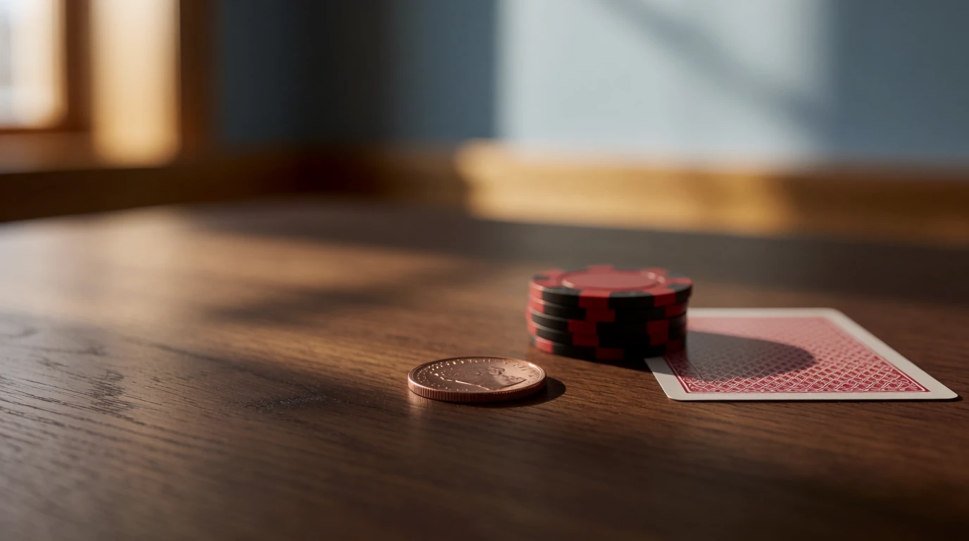Svenskt 50-kronors mynt på träbord med casinofigurer och ett spelkort