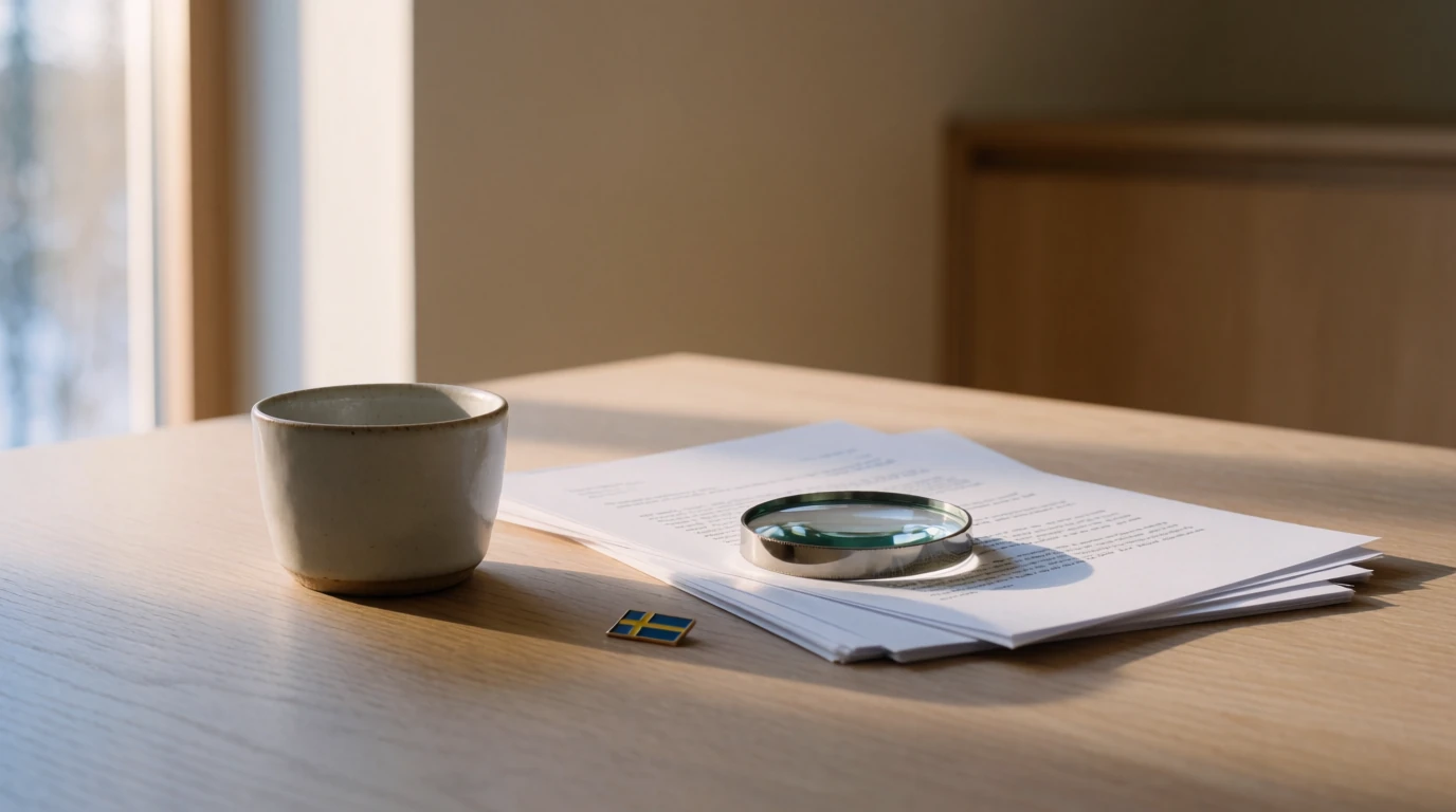 Närbild av dokument, förstoringsglas och en kaffekopp på ett träbord i en svensk inredning