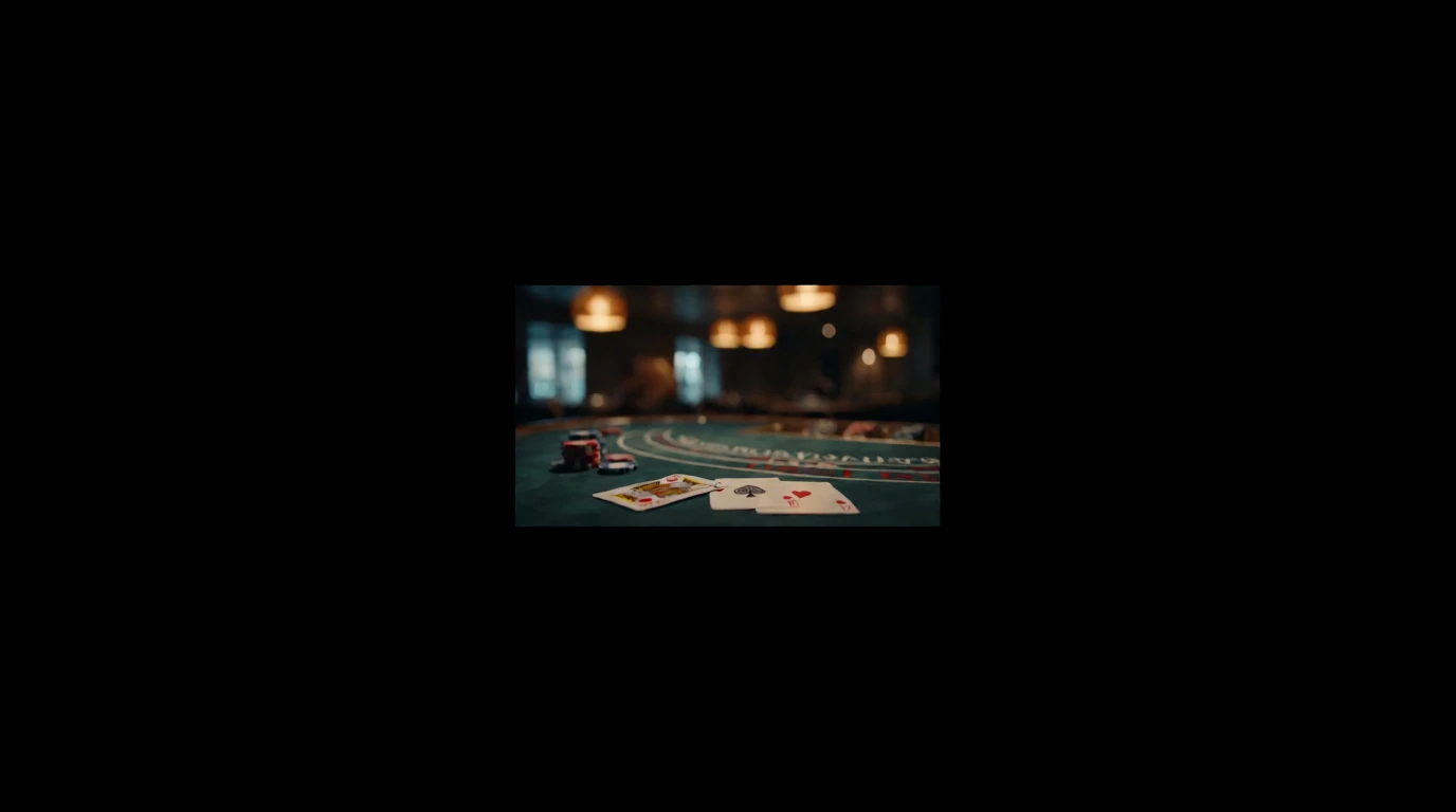 Atmosfärisk bild av ett blackjackbord med kort och marker i en svensk casinomiljö