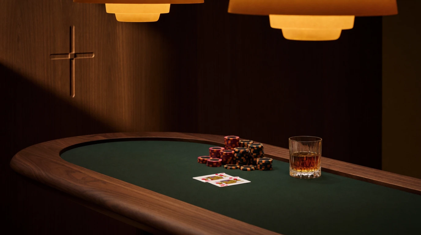 Elegant nordiskt spelrum med casinomarker och spelkort på filtbord