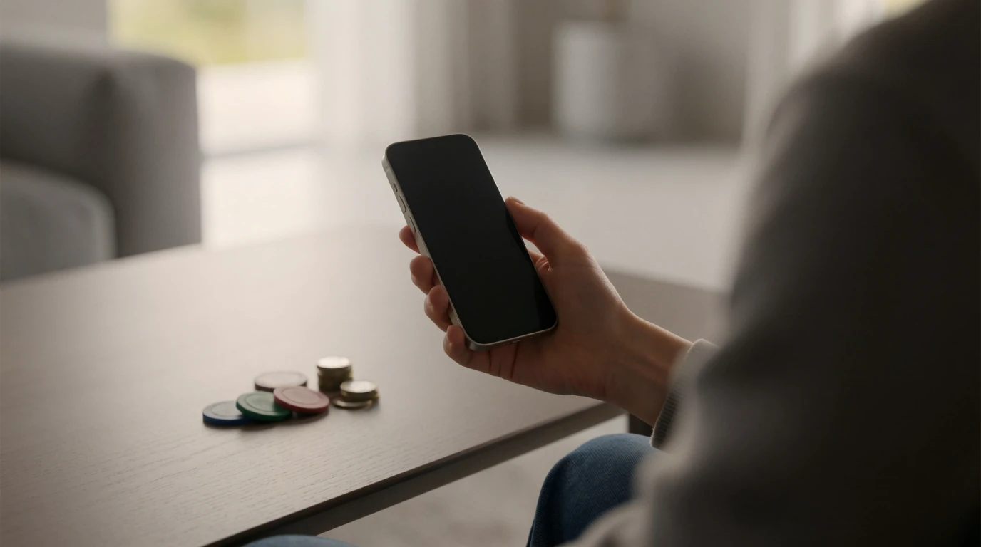 Hand som håller en smartphone vid ett bord med casinomarker