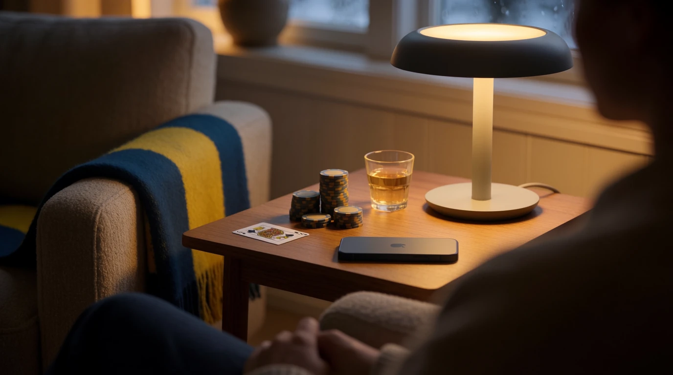 Skandinavisk vardagsrum med casinomarker och en mobiltelefon med skärmen nedåt