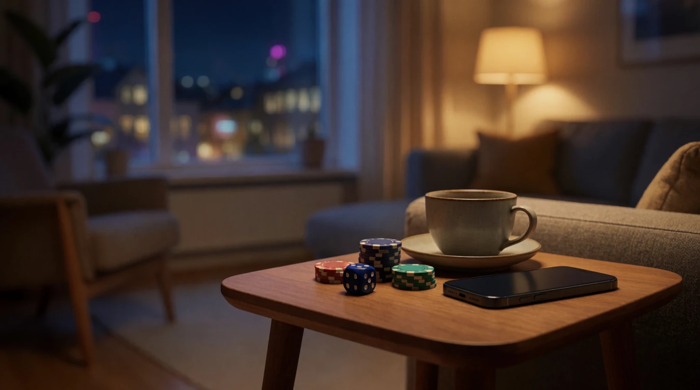 Mysig svensk vardagsrum med casinotema, marker och tärning vid sidobordet