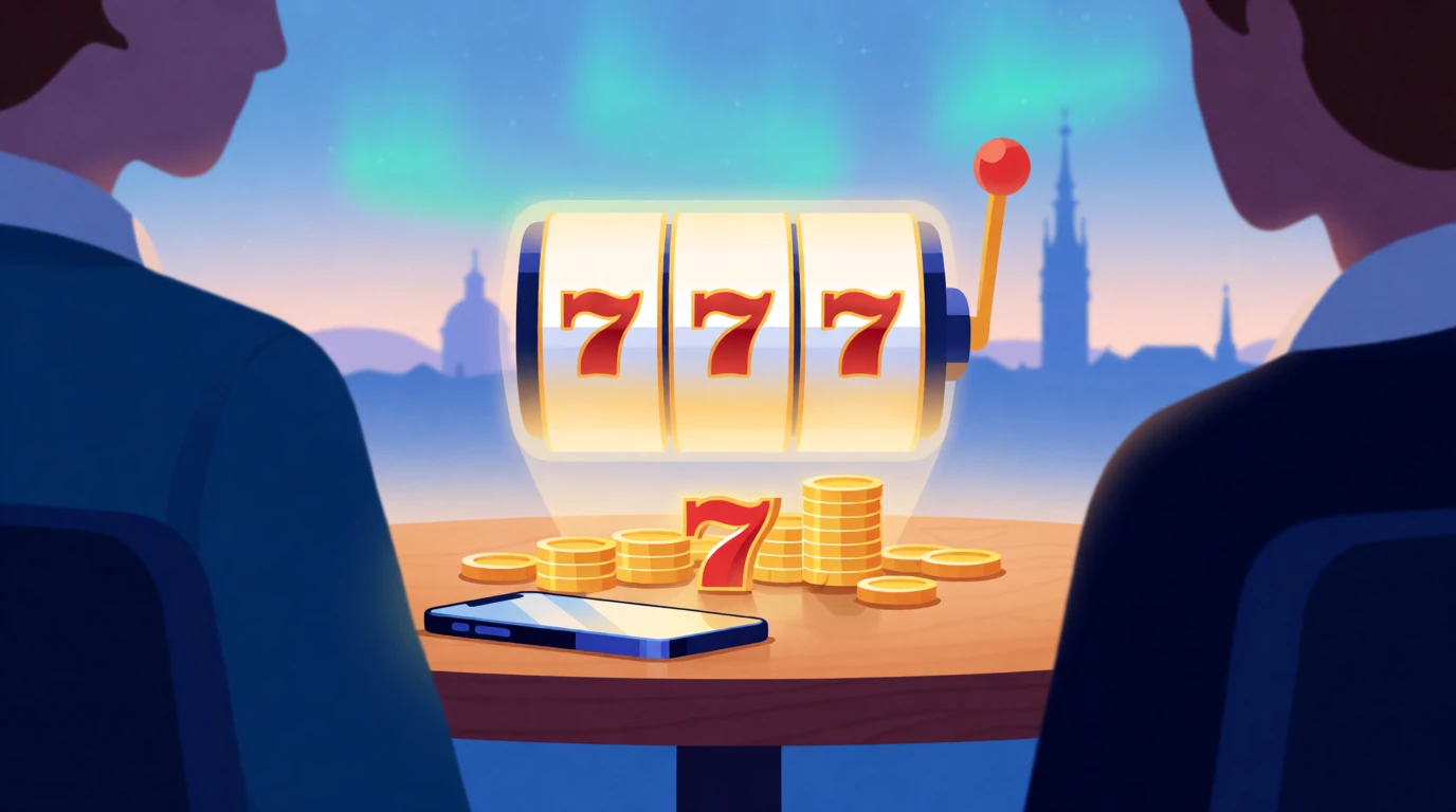 Illustration av en spelautomat med mynt och Stockholms silhuett