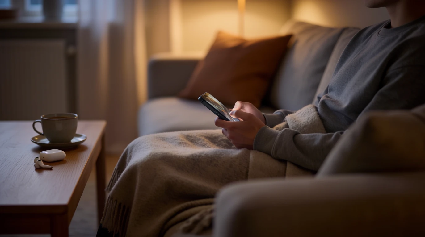 Person som kopplar av i en svensk lägenhet med mobilen