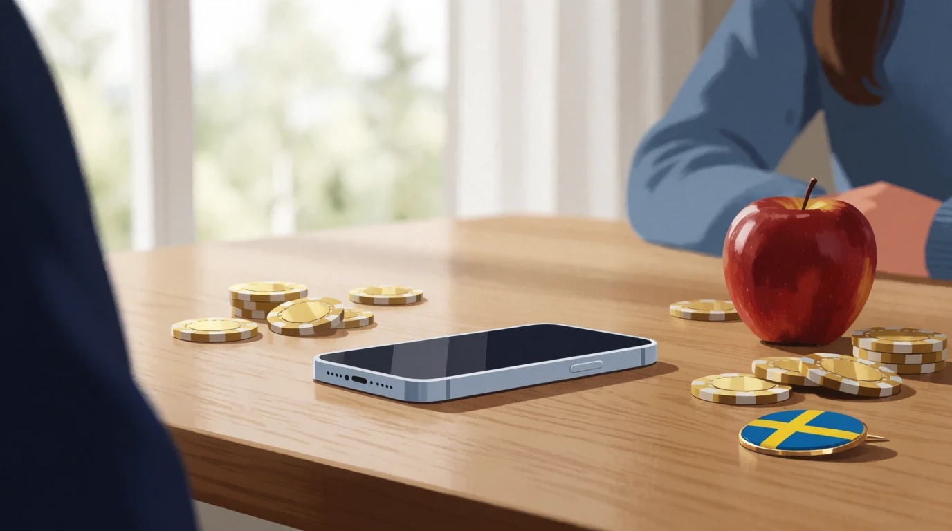 Smarttelefon liggande med framsidan nedåt på ett träbord med casinotokens och en svensk flagga