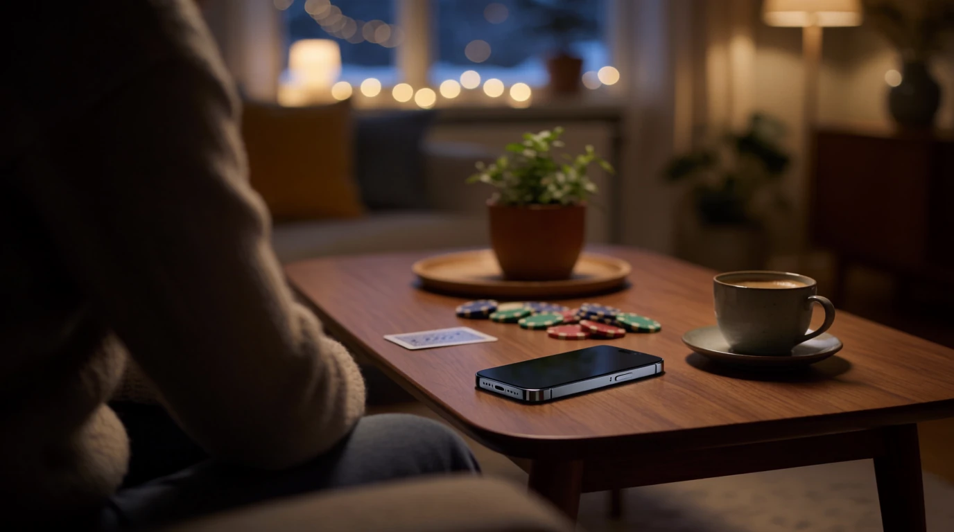 Svensk vardagsrum med telefon och casinoleksaker på bordet
