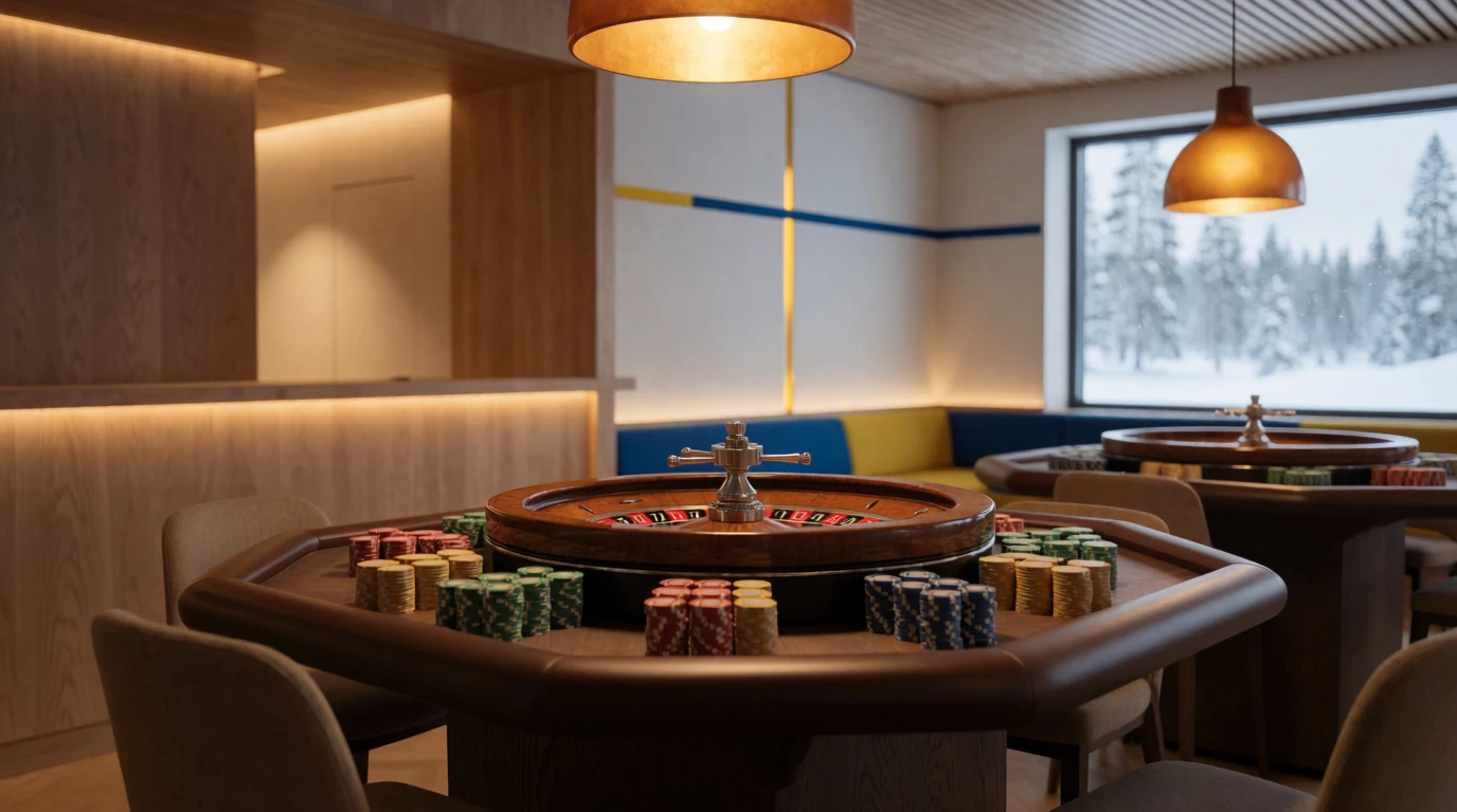 Svensk casinolounge med roulettebord, färgglada casinofigurer och varm belysning