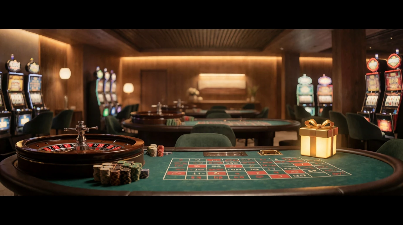 Svensk casinohörna med roulettebord, marker och en guldbelagd bonusgåva