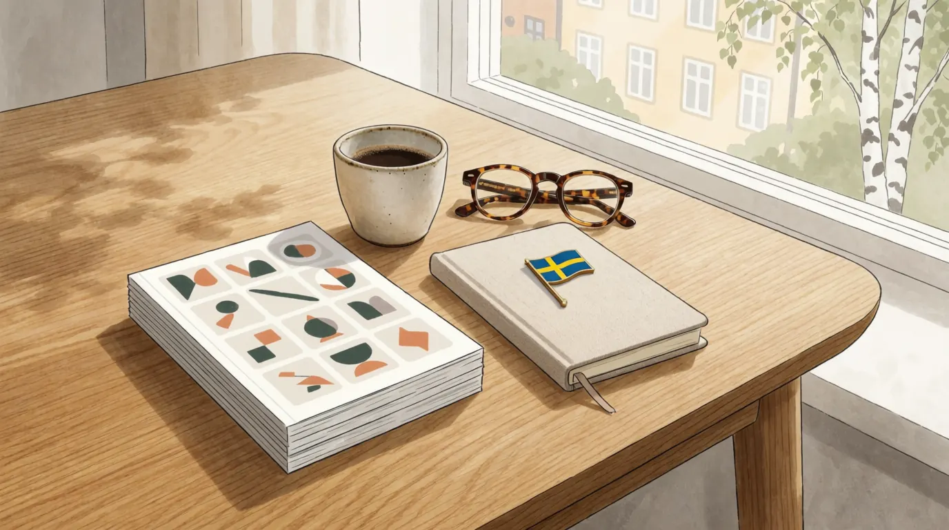 Svensk casinoguide-broschyr på skrivbord med kaffekopp och svensk flagga