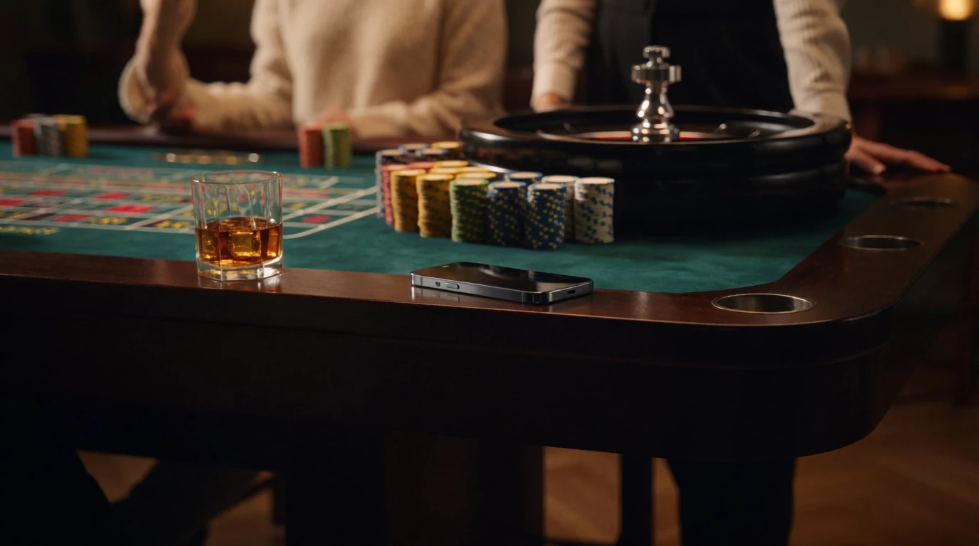 Casinobord med marker, roulettehjul och nedvänd mobiltelefon
