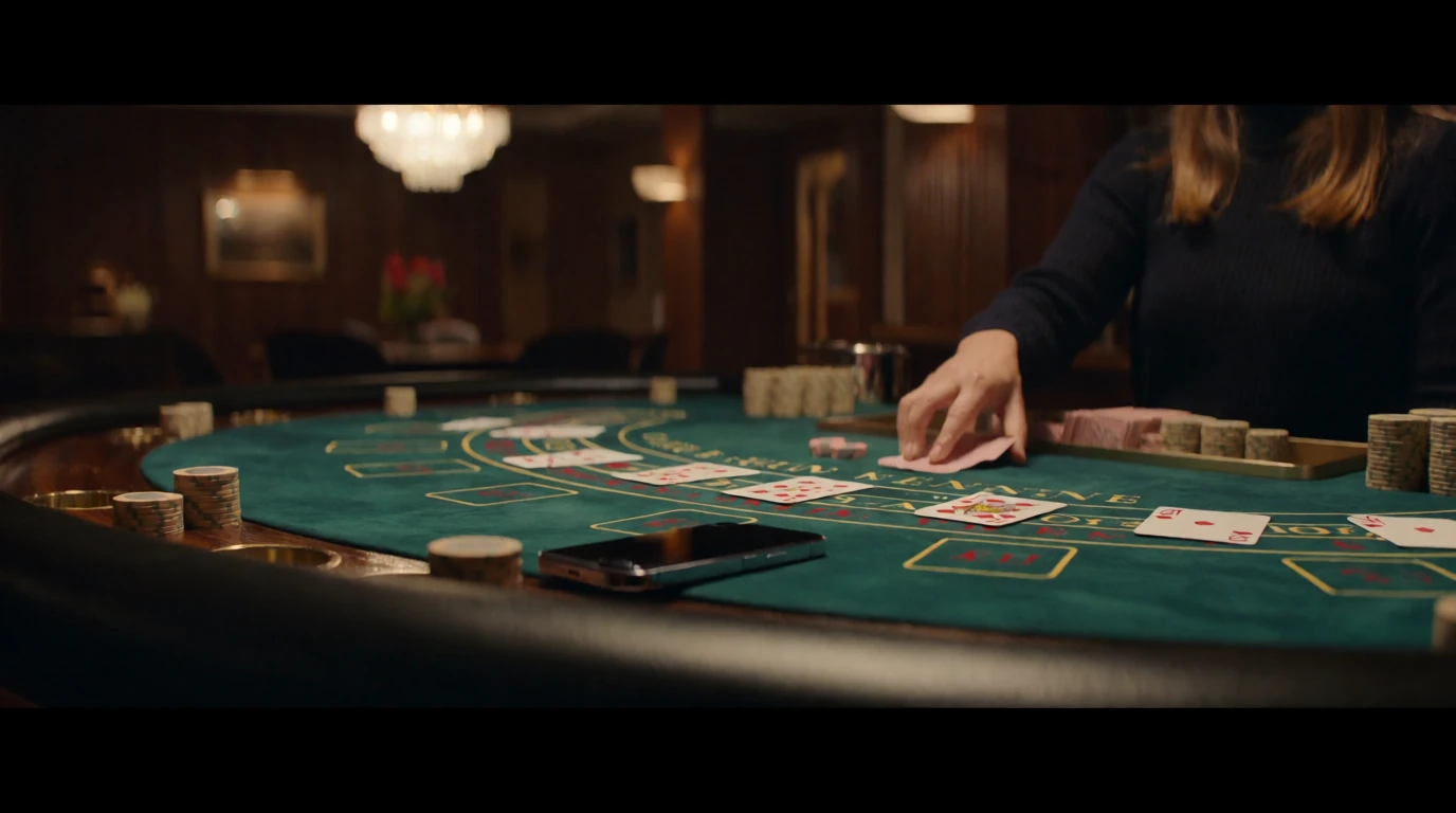 Baccaratbord med marker och kort på ett svenskt casino