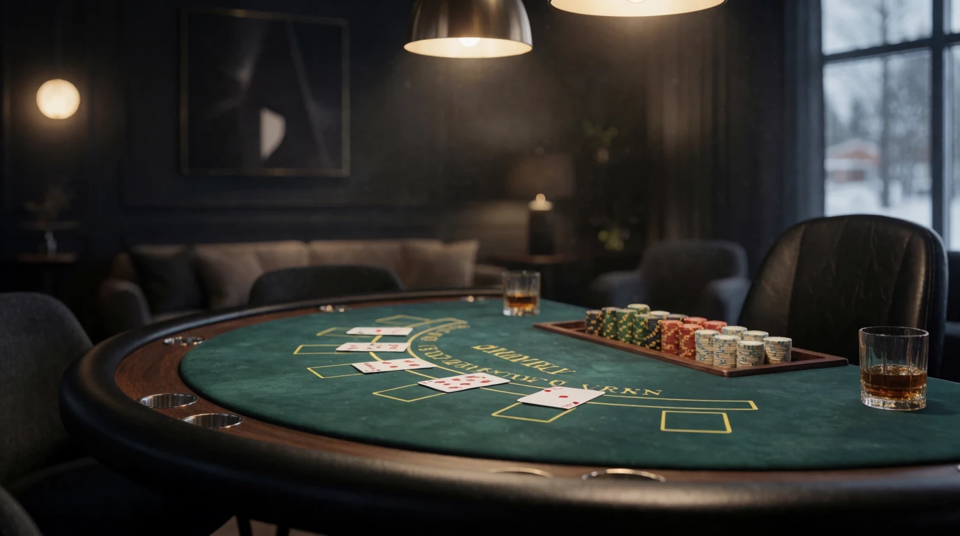 Elegant blackjackbord med marker och kort i en svensk casinomiljö