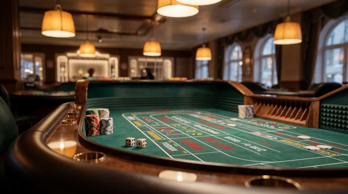 Crapsbord med tärningar och casinofärgar i en elegant svensk spelhall
