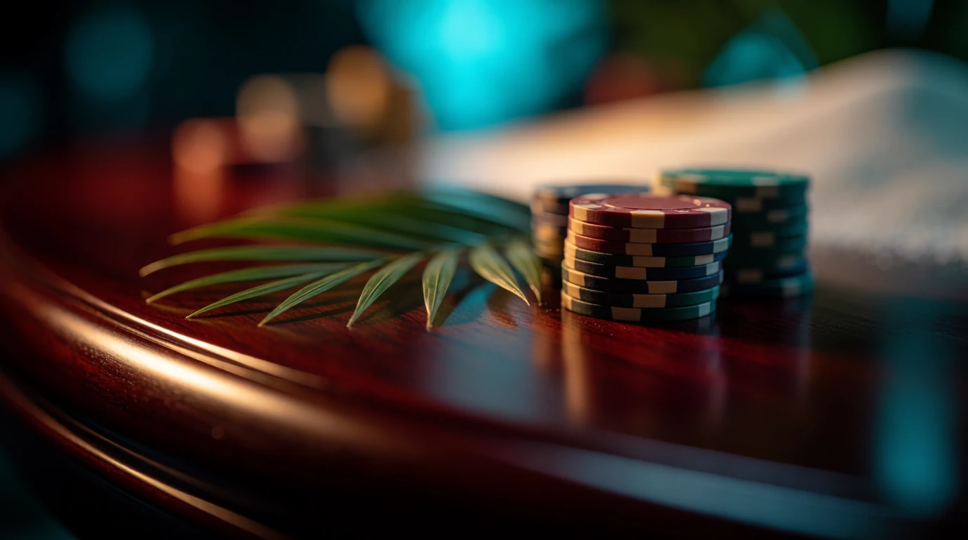 Staplade casinomarker på mörkt trä med tropisk karibisk bakgrund
