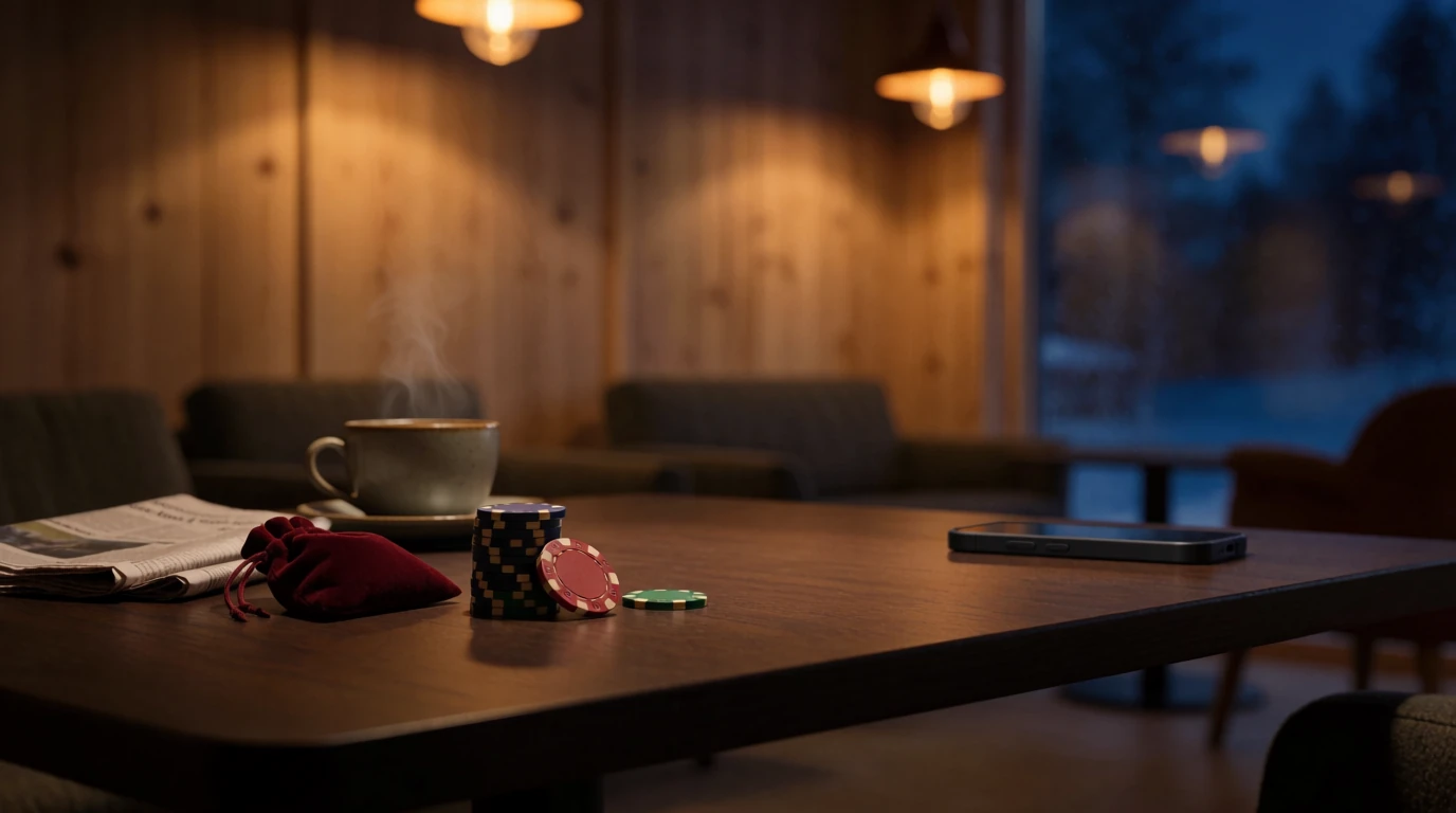 Casinochips på ett träbord i en modern svensk lounge