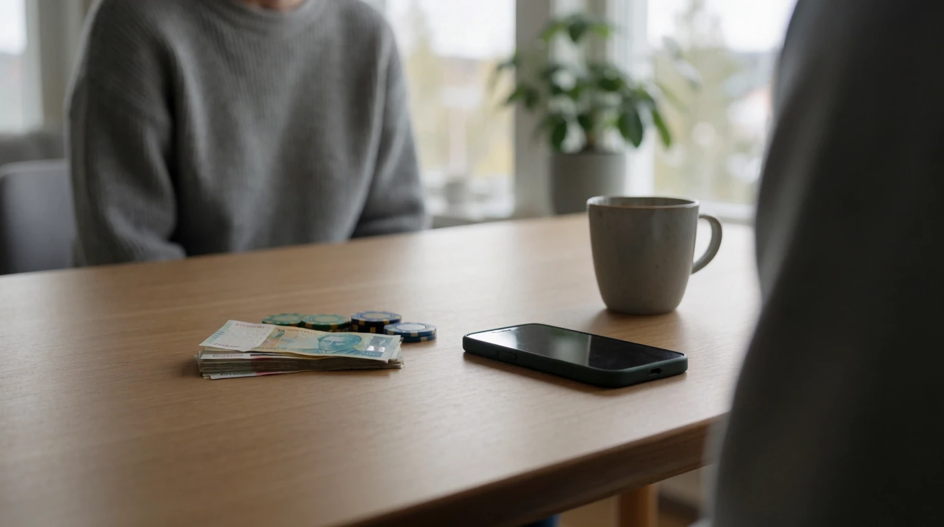 Svensk kronor sedlar och casinofigurer på ett träbord med en mobiltelefon vänd nedåt