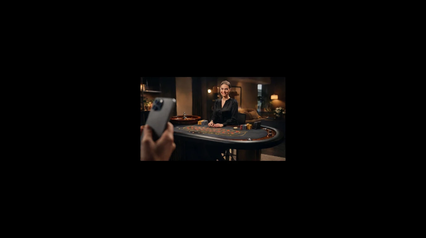 Live dealer i casinostudio med roulettebord och en mobiltelefon i förgrunden