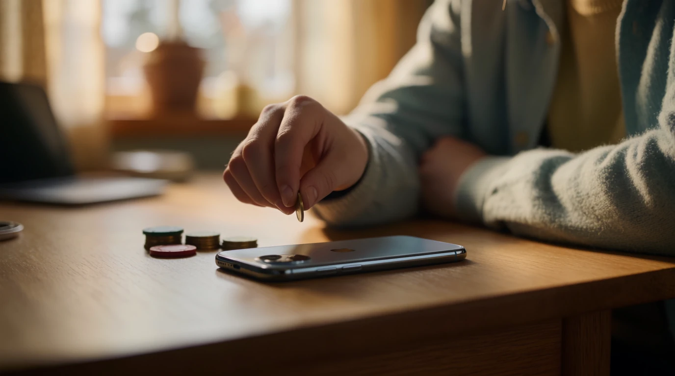 Svensk spelare vid skrivbord med telefon vänd nedåt och spelmarker