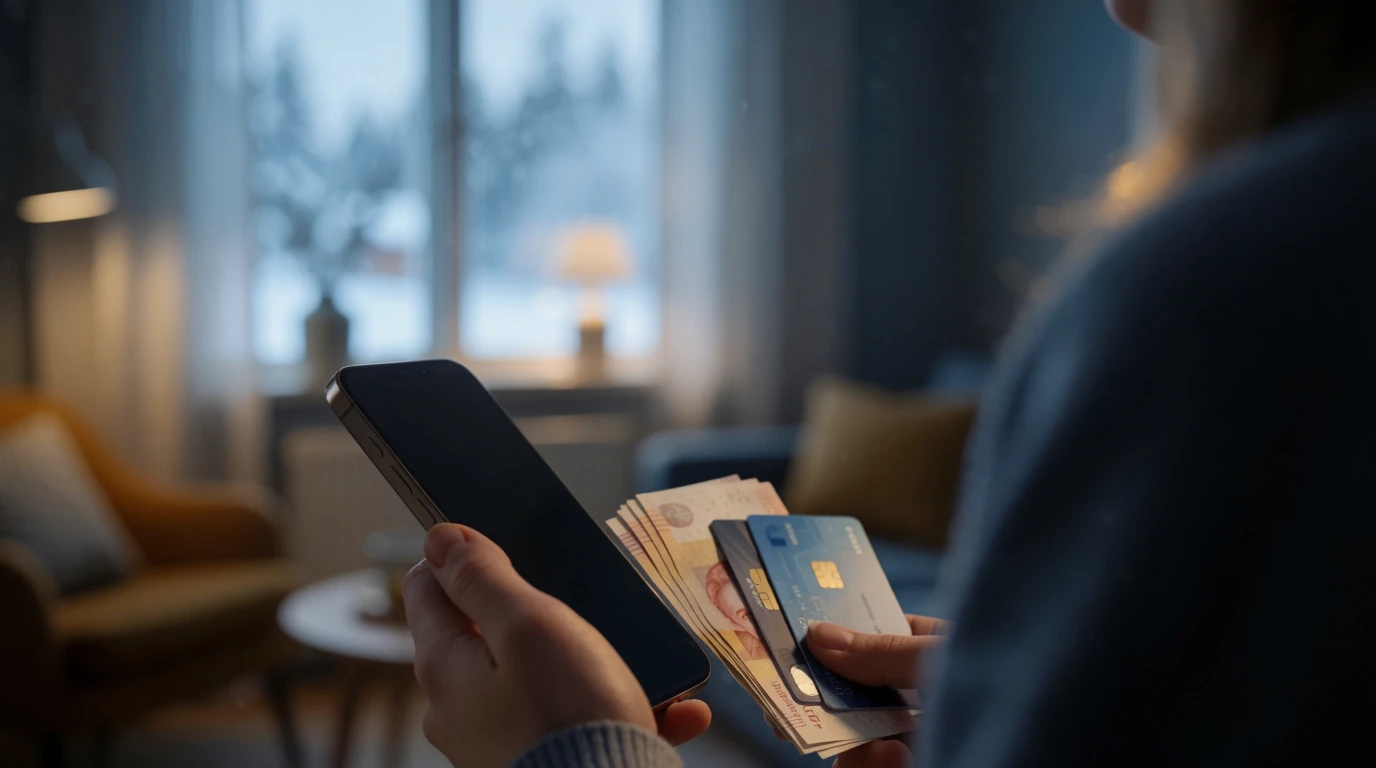 Mobil, svenska kronor och bankkort symboliserar snabbt uttag