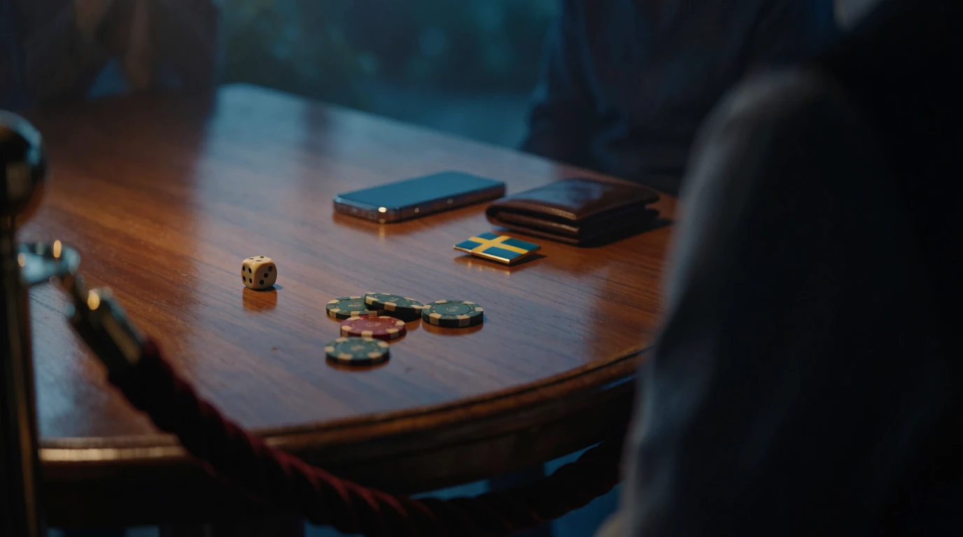 Bord med casinofigurer, tärning och vänd smartphone bredvid svensk flagga