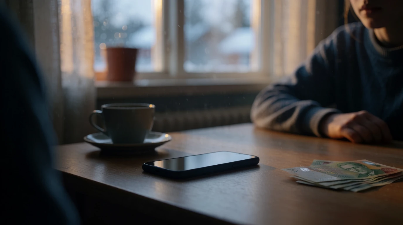 Smartphone liggande med skärmen nedåt på ett bord med svenska kronor och en kopp kaffe i ett nordiskt rum