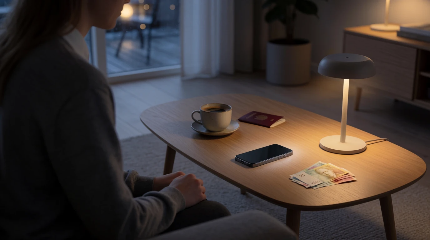 Modernt skandinaviskt vardagsrum med smartphone och svenska kronor på bordet