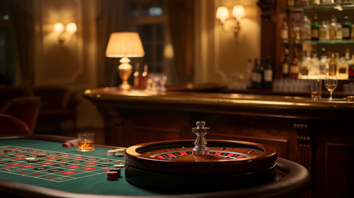 Elegant casinolokal med roulettebord och marker i varm belysning