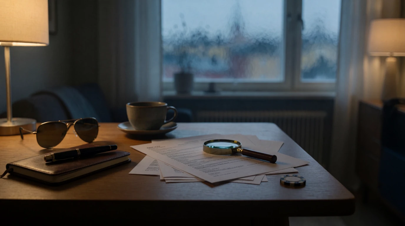 Bord med anteckningsbok, kaffekopp och casinorecensioner vid fönster i Stockholm
