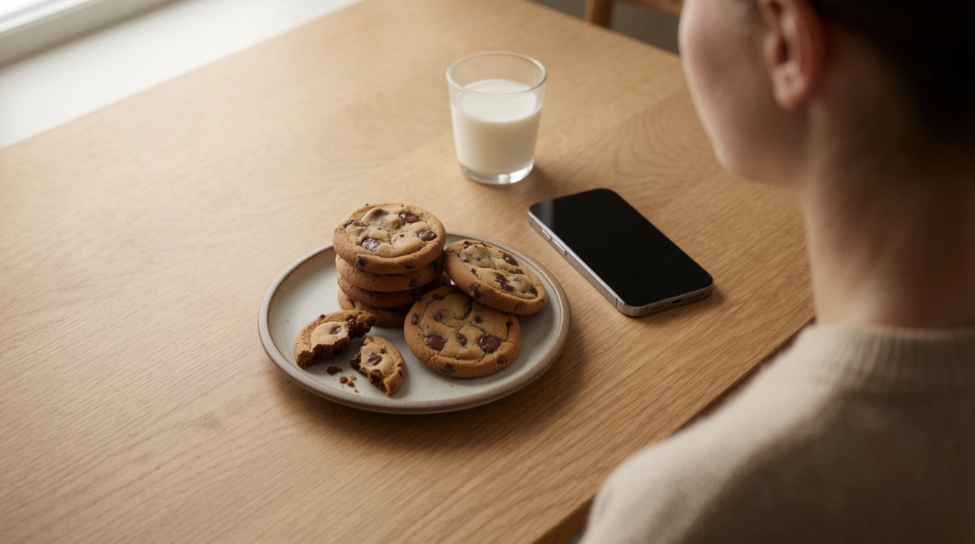 Nygräddade chokladkakor på ett fat bredvid en mobiltelefon och ett glas mjölk