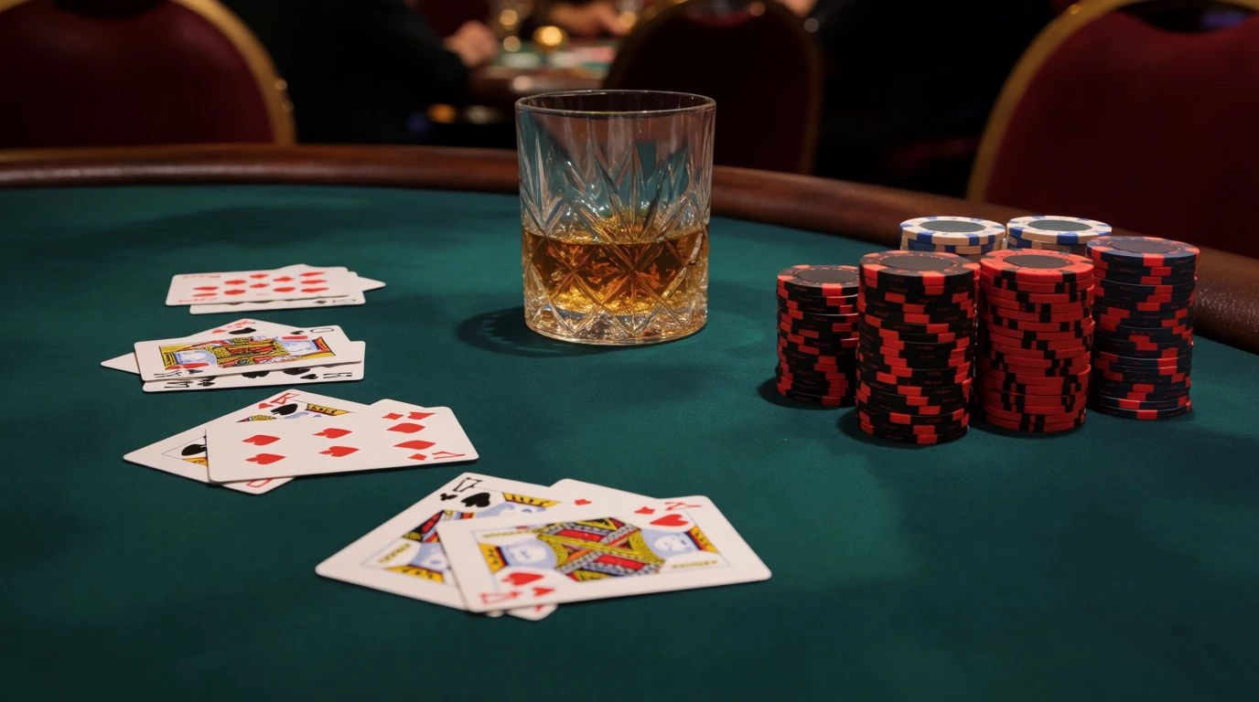 Lyxbord för blackjack med utspridda kort och färgglada casinofärger på grönt filtunderlag