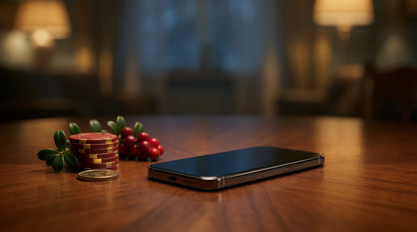 Telefon med casinotema och marker på bord