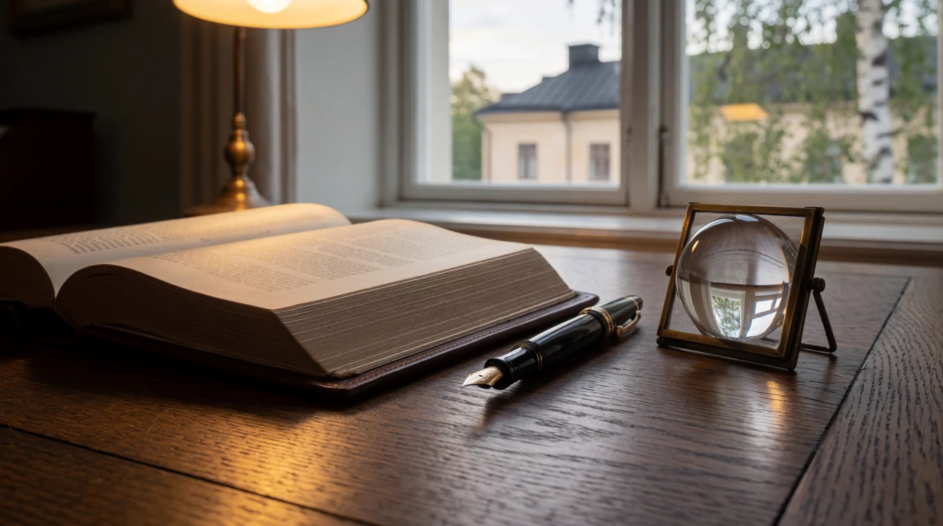 Öppen lagbok med reservdelspenna på skrivbord i varm belysning