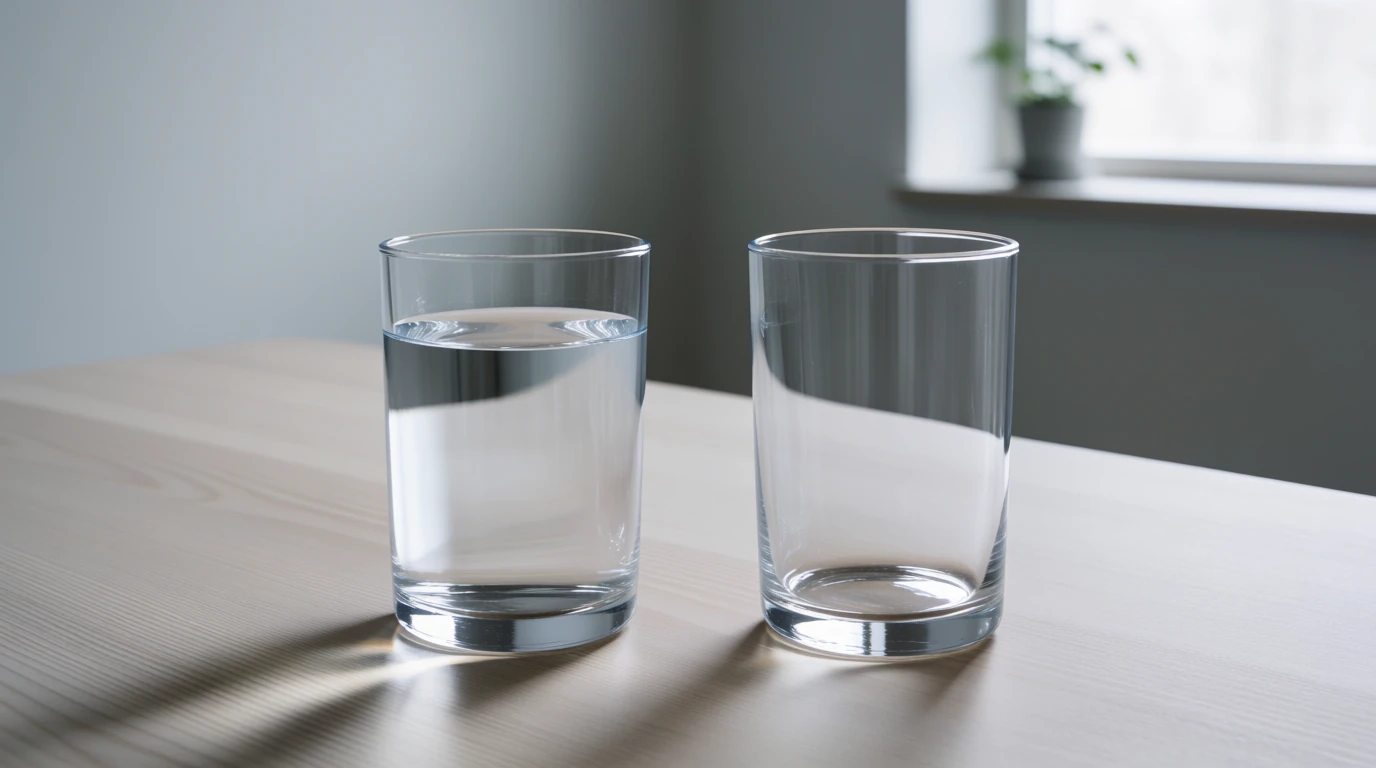 Två identiska glas sida vid sida, ett med vatten