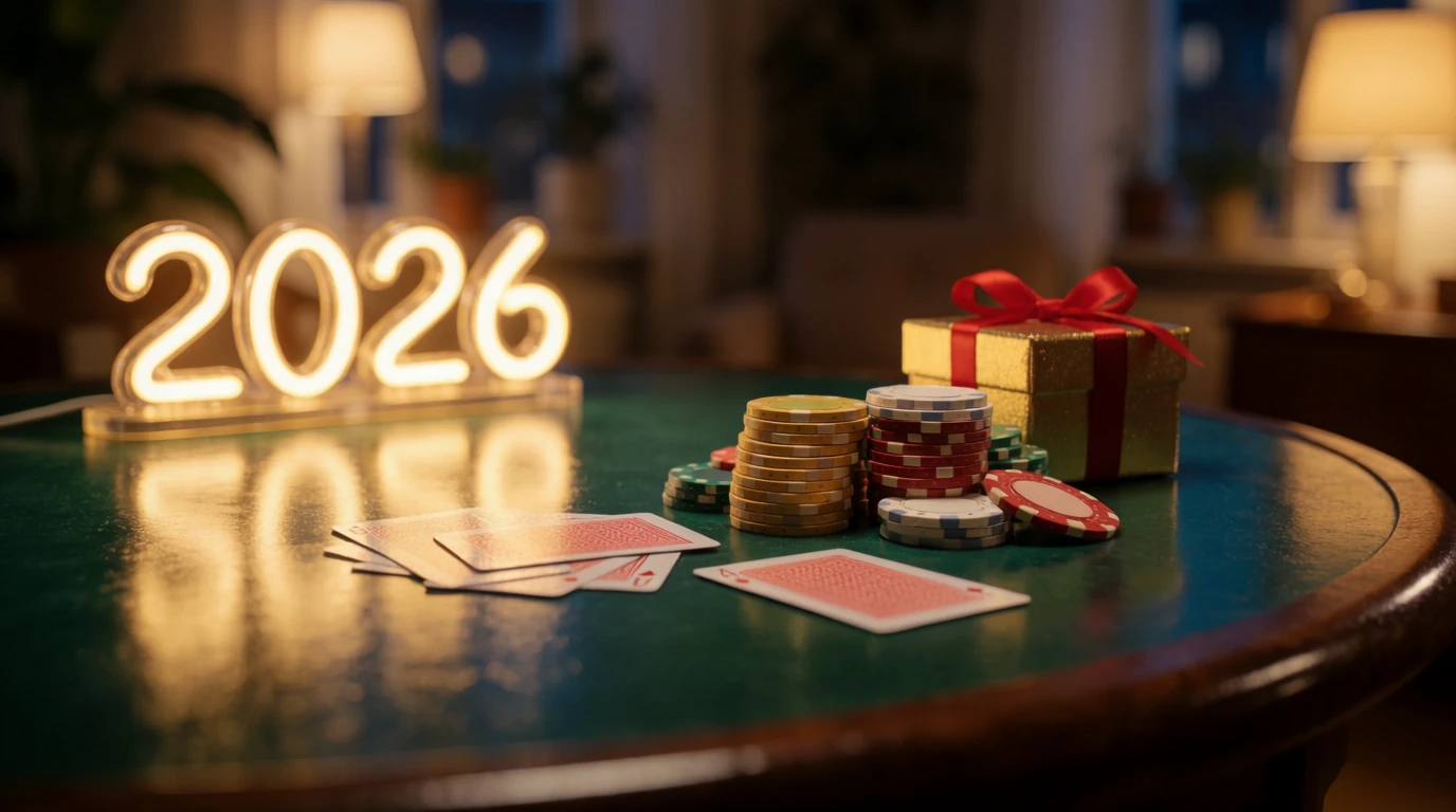 Casino bonuschips, kort och en gåvobox på ett filtbord med neonskylten 2026