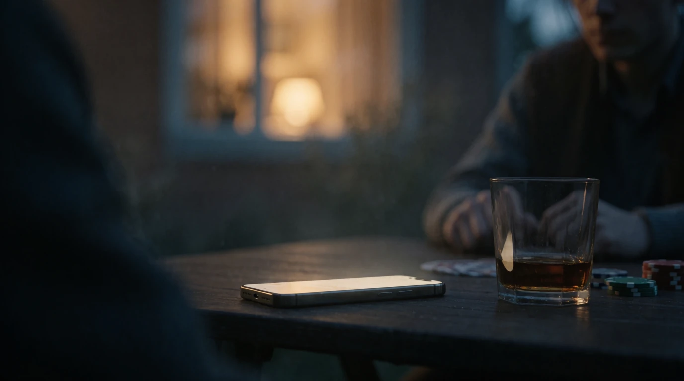 Smartphone uppå nervänd på bordet vid spelmarker i skymningsbelyst svensk stadsmiljö