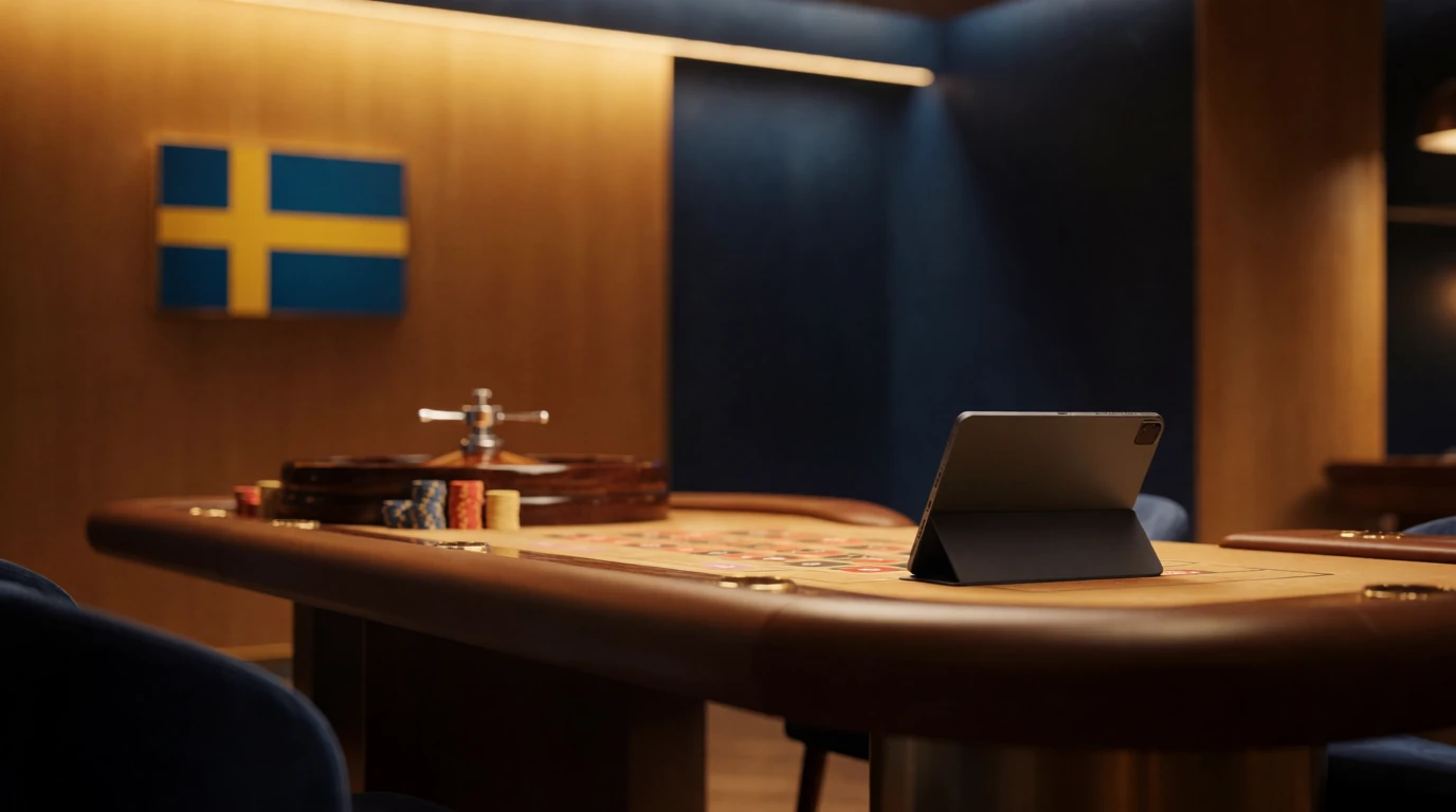 Svensk casinohall med roulettebord och diskret svensk flagga