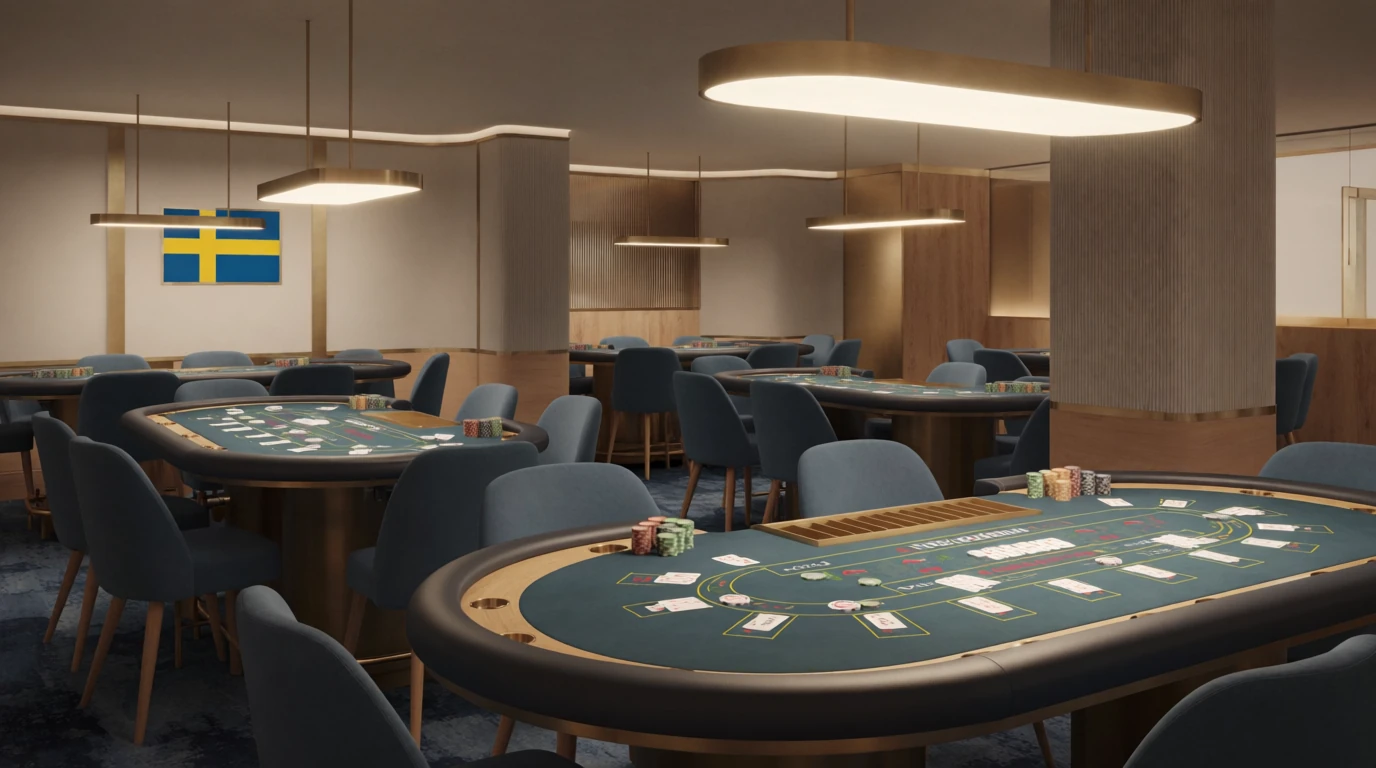 Elegant svenskt casinogolv med spelbord och klassisk nordisk inredning
