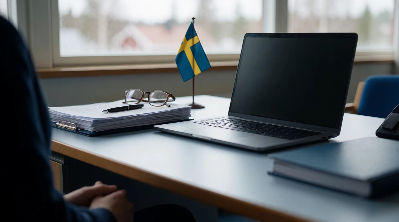 Skrivbord med juridiska dokument och svensk flagga