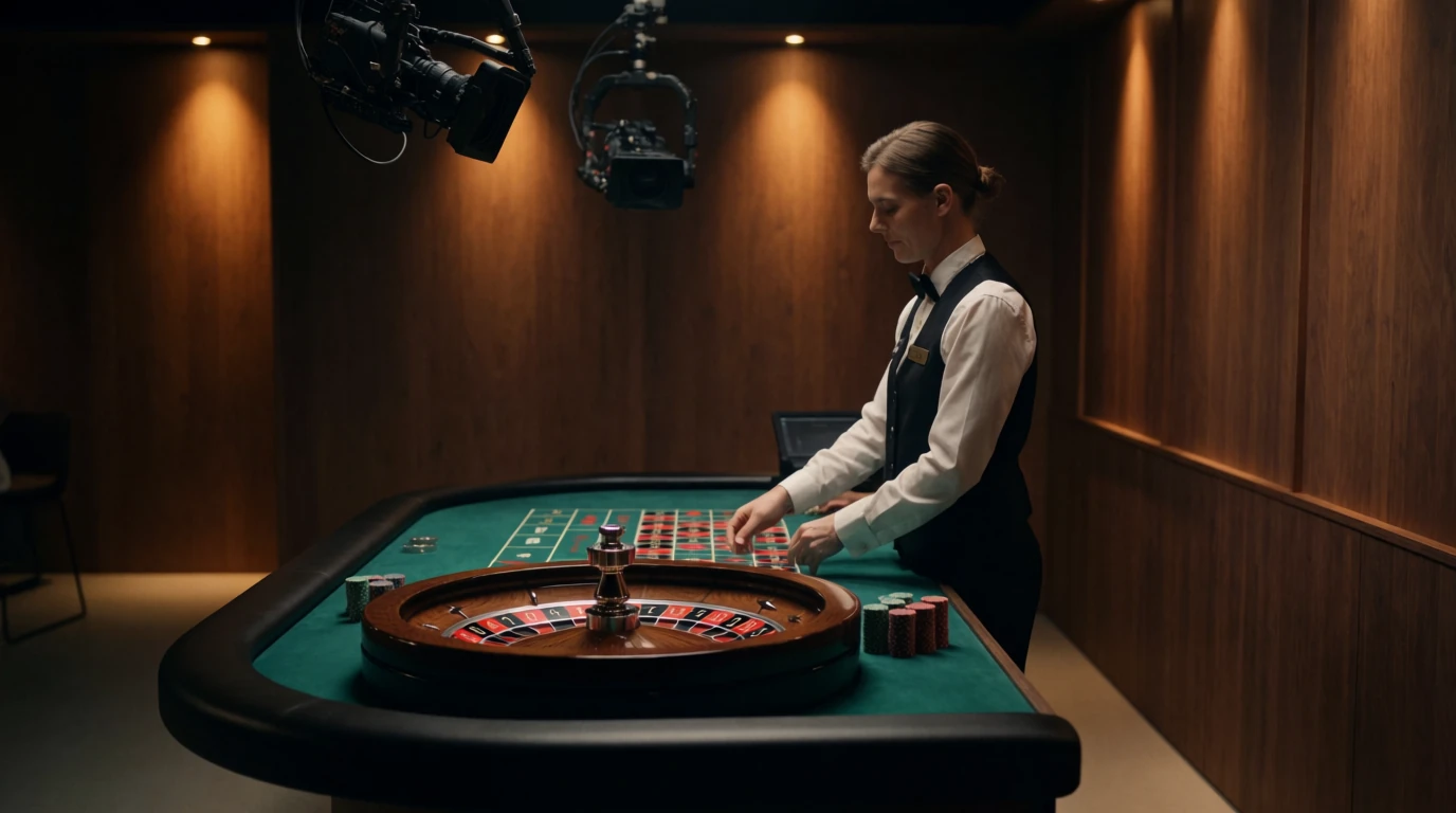 Croupier vid roulettebord i modern nordisk casinostudio