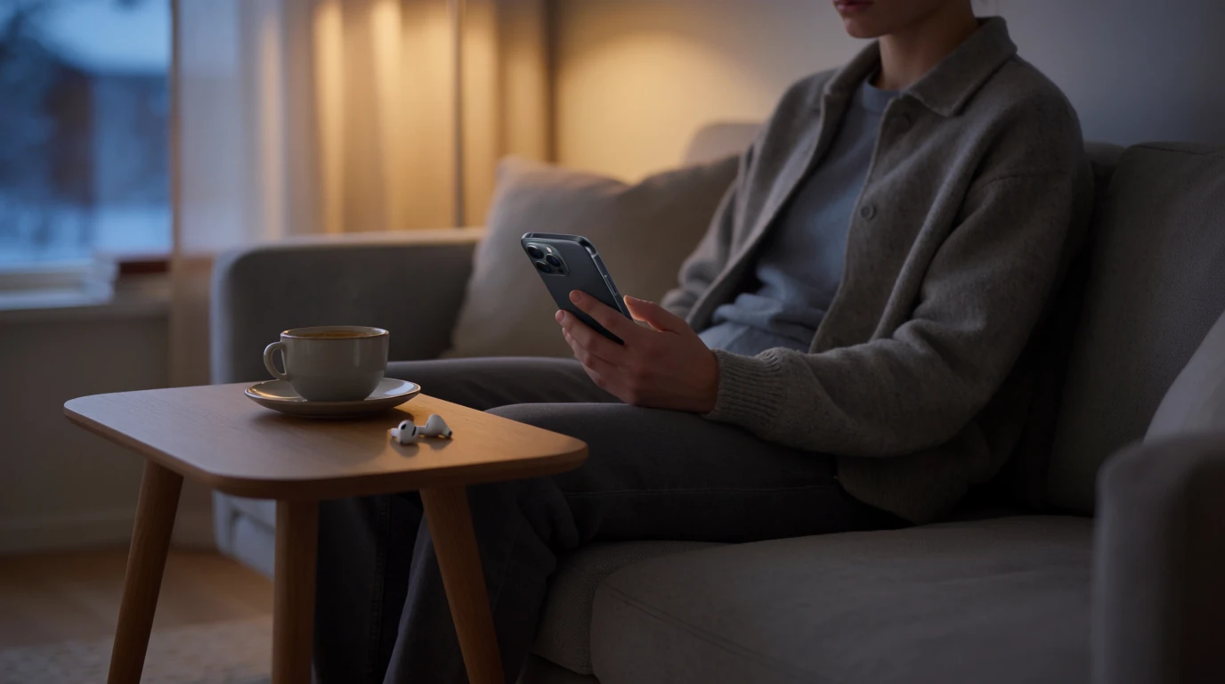Person kopplar av i soffan med mobiltelefonen i ett modernt svenskt vardagsrum
